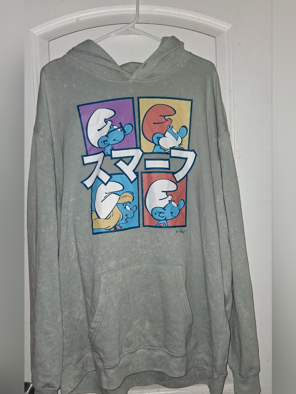 Gray Men's Pullover Hoodie with Color Block Smurfs Graphic 2Xl